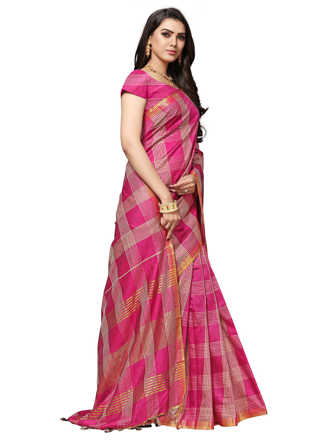 Women's Pink Silk Blend Striped Saree - Ahika