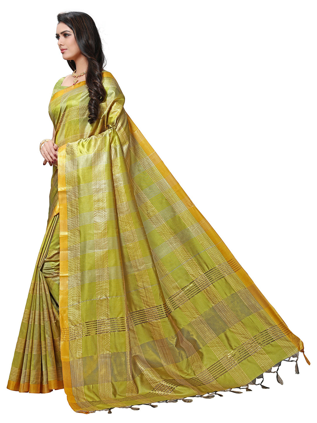 Women's Yellow Silk Blend Checkered Saree - Ahika