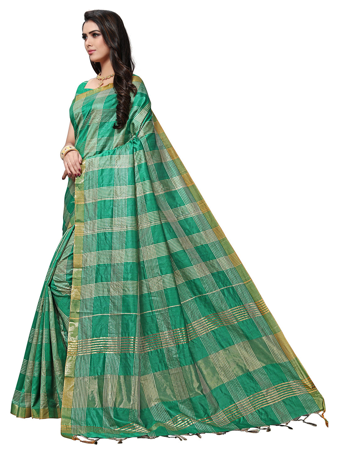 Women's Green Silk Blend Striped Saree - Ahika