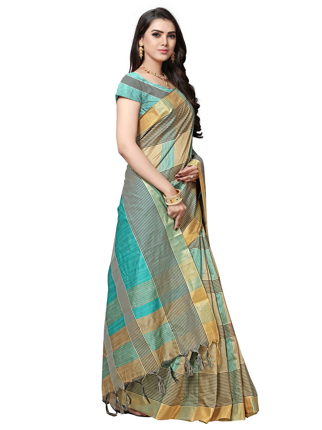 Women's Beige Silk Blend Striped Saree - Ahika