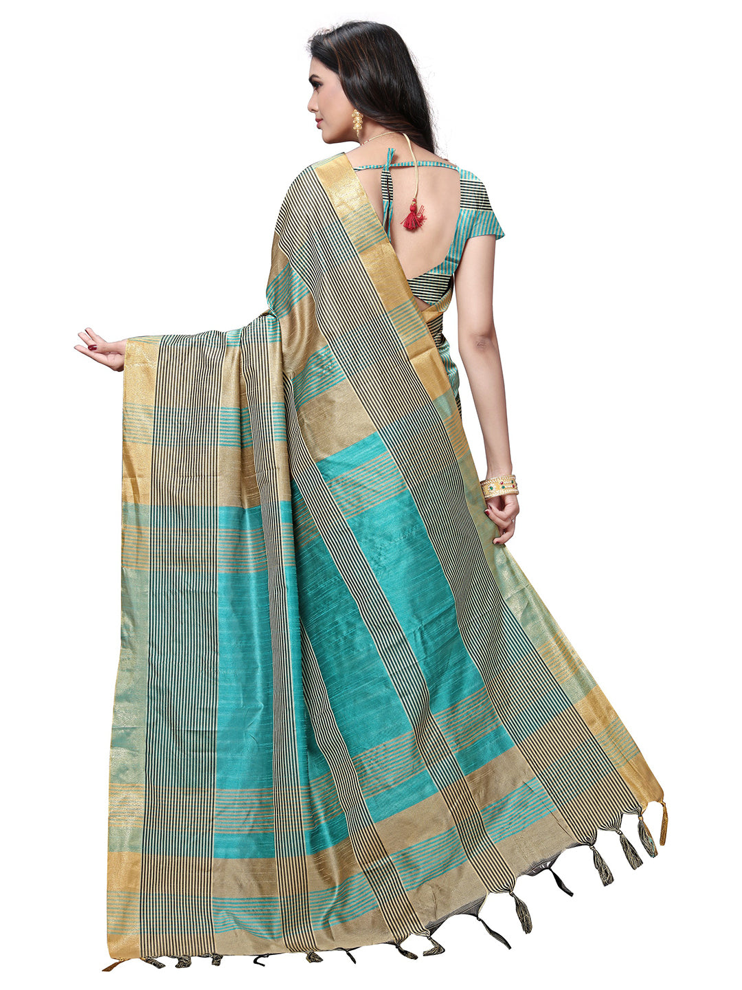 Women's Beige Silk Blend Striped Saree - Ahika