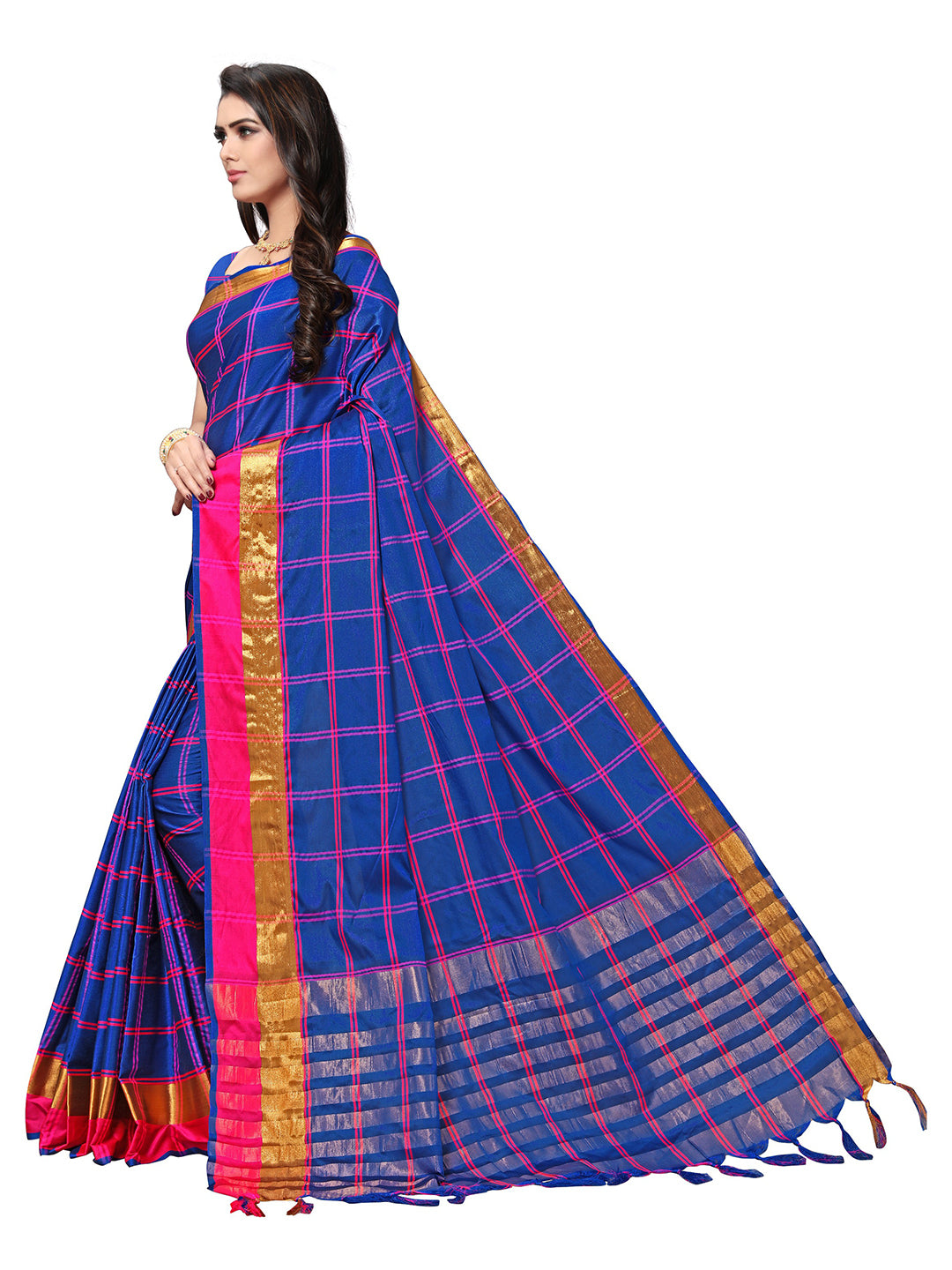 Women's Blue Silk Blend Striped Saree - Ahika