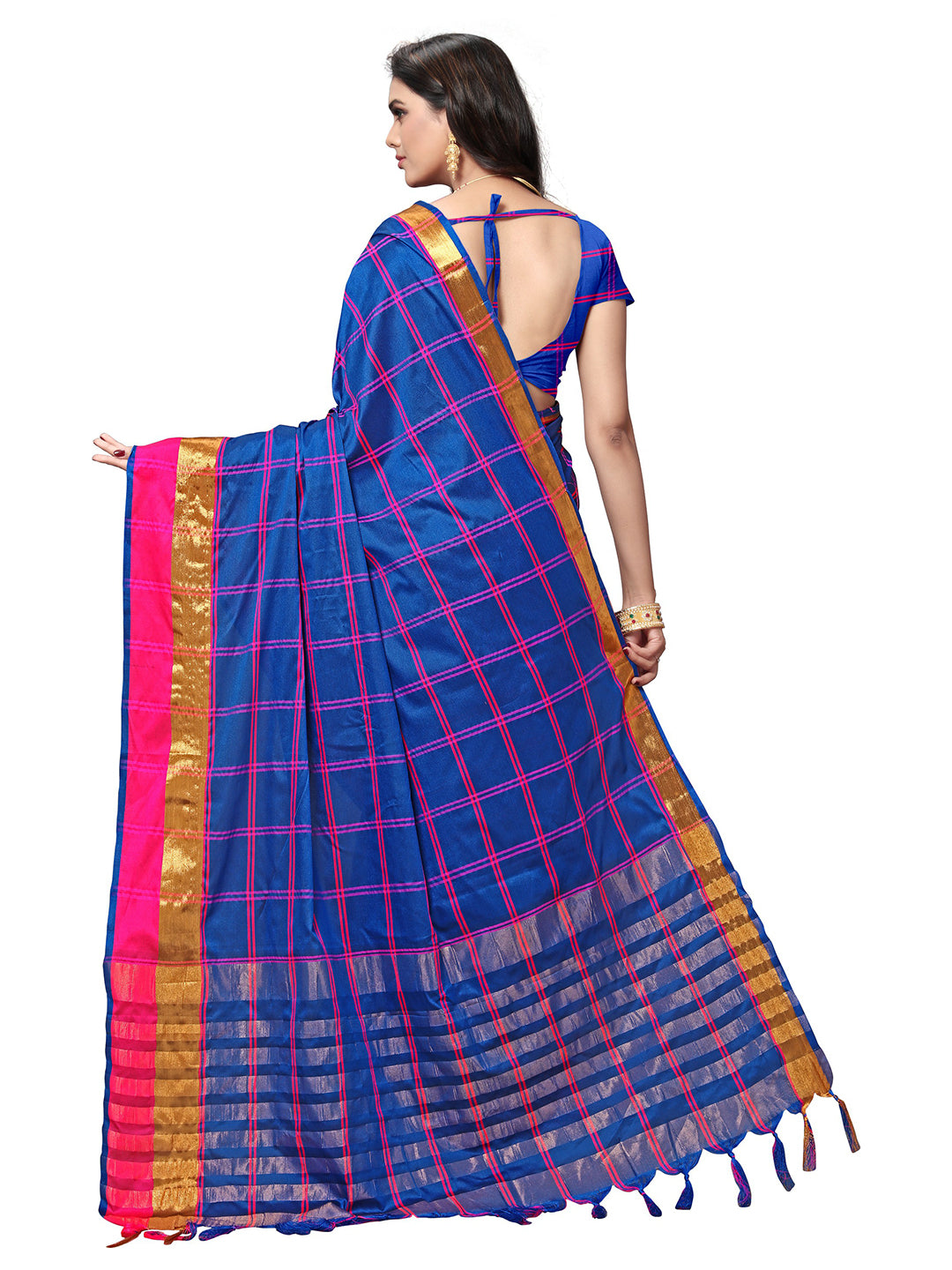 Women's Blue Silk Blend Striped Saree - Ahika