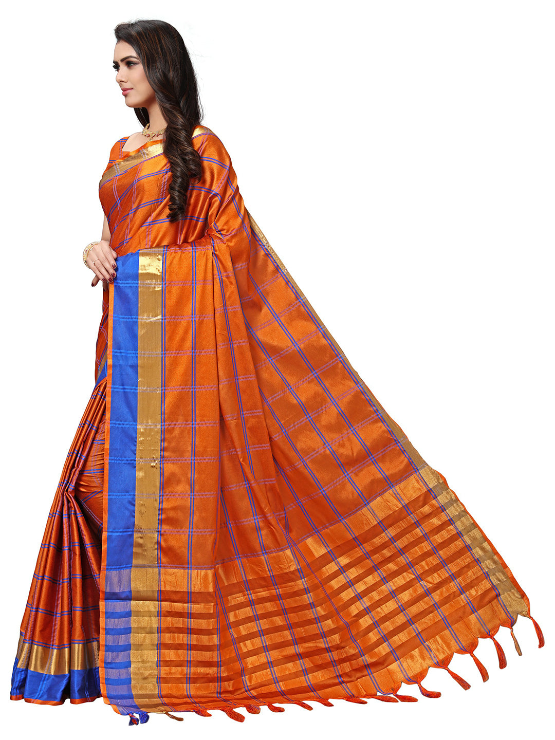 Women's Orange Silk Blend Checkered Saree - Ahika
