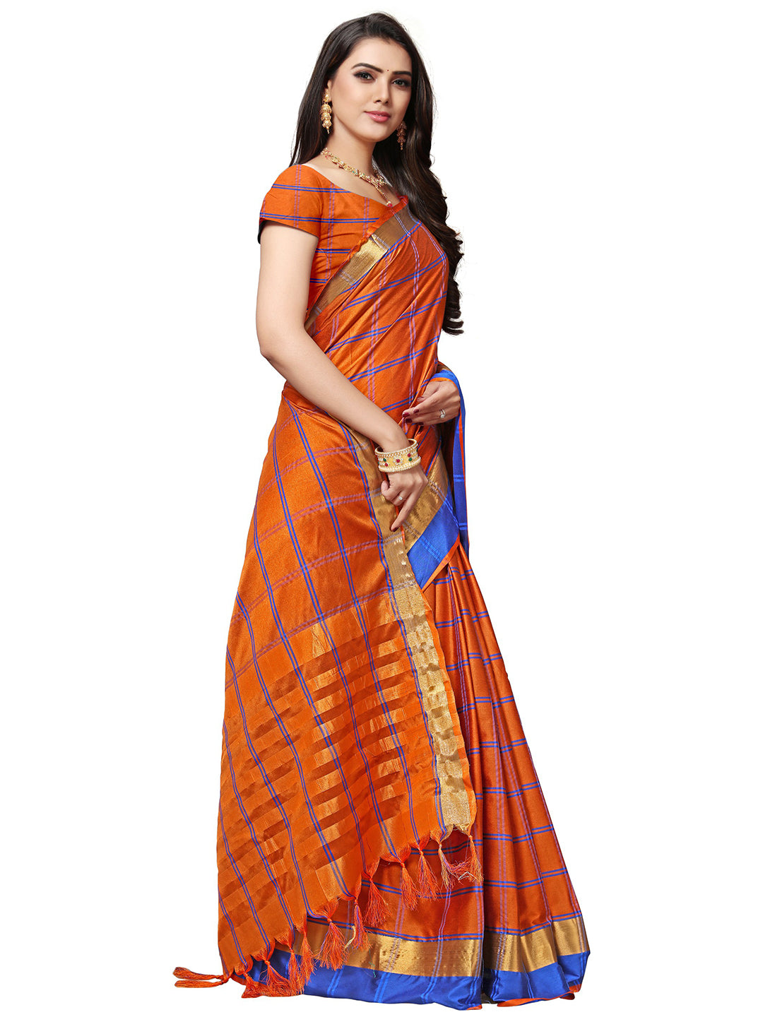 Women's Orange Silk Blend Checkered Saree - Ahika