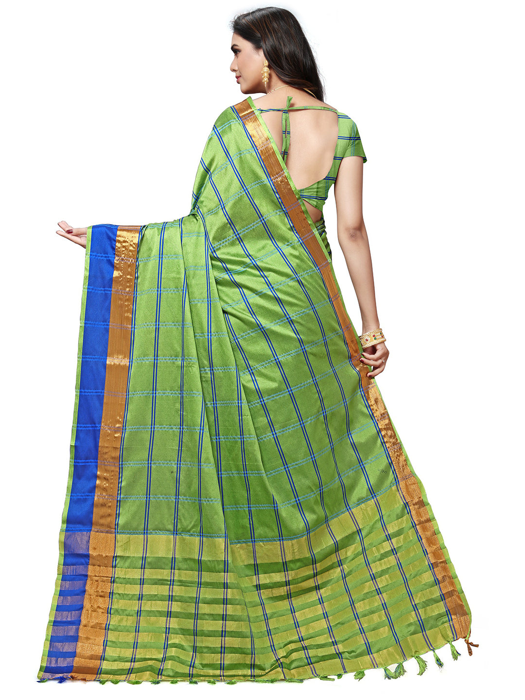 Women's Green Silk Blend Striped Saree - Ahika