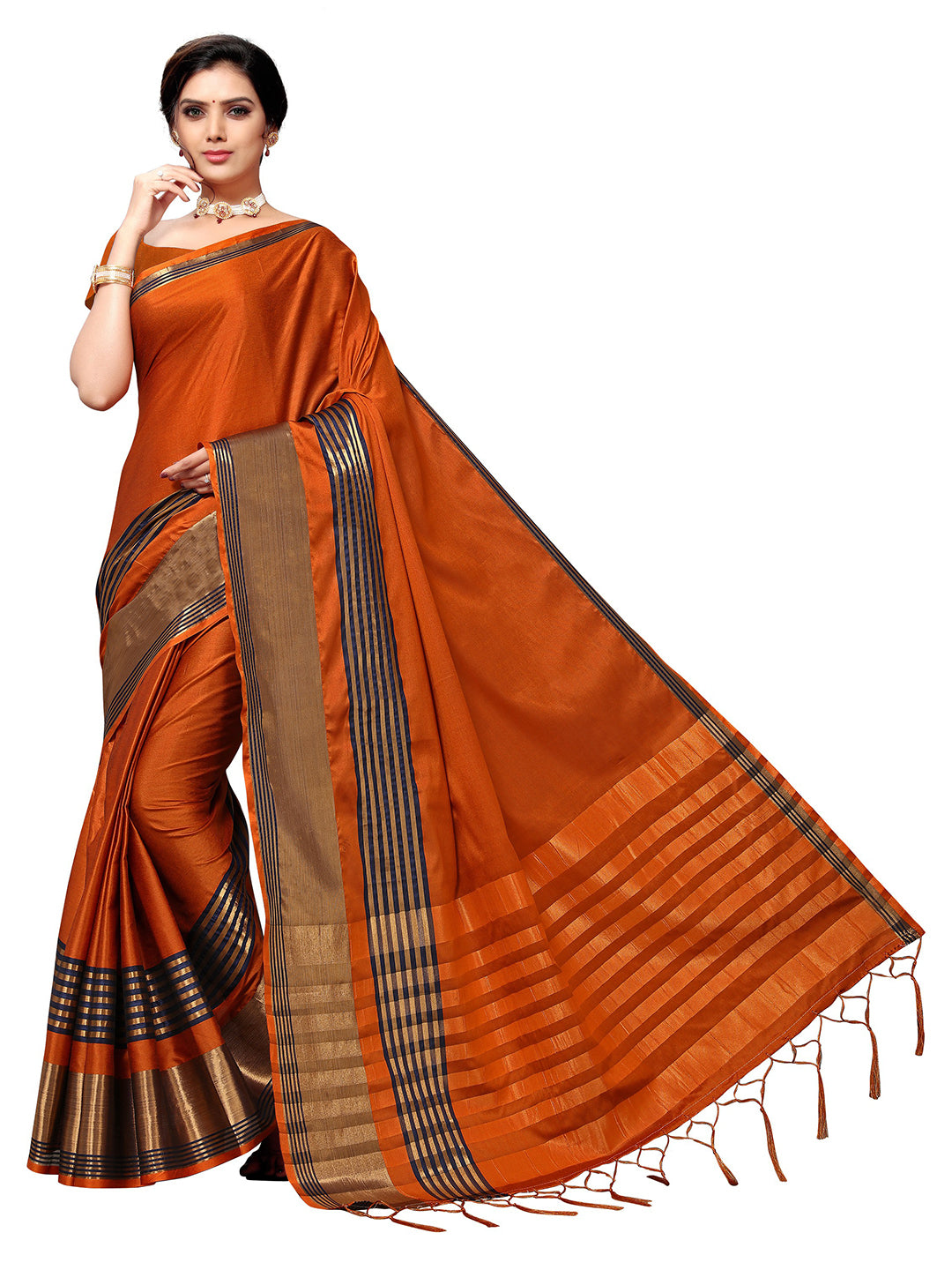 Women's Orange Art Silk Self Design Saree - Ahika