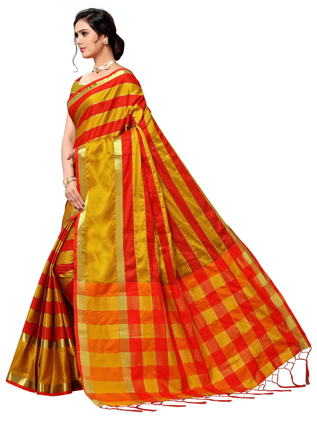 Women's Gold Art Silk Striped Saree - Ahika