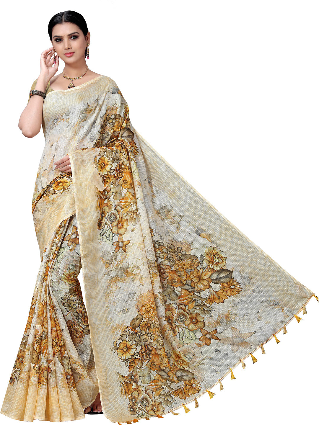 Women's Cream Cotton Blend Printed Saree - Ahika