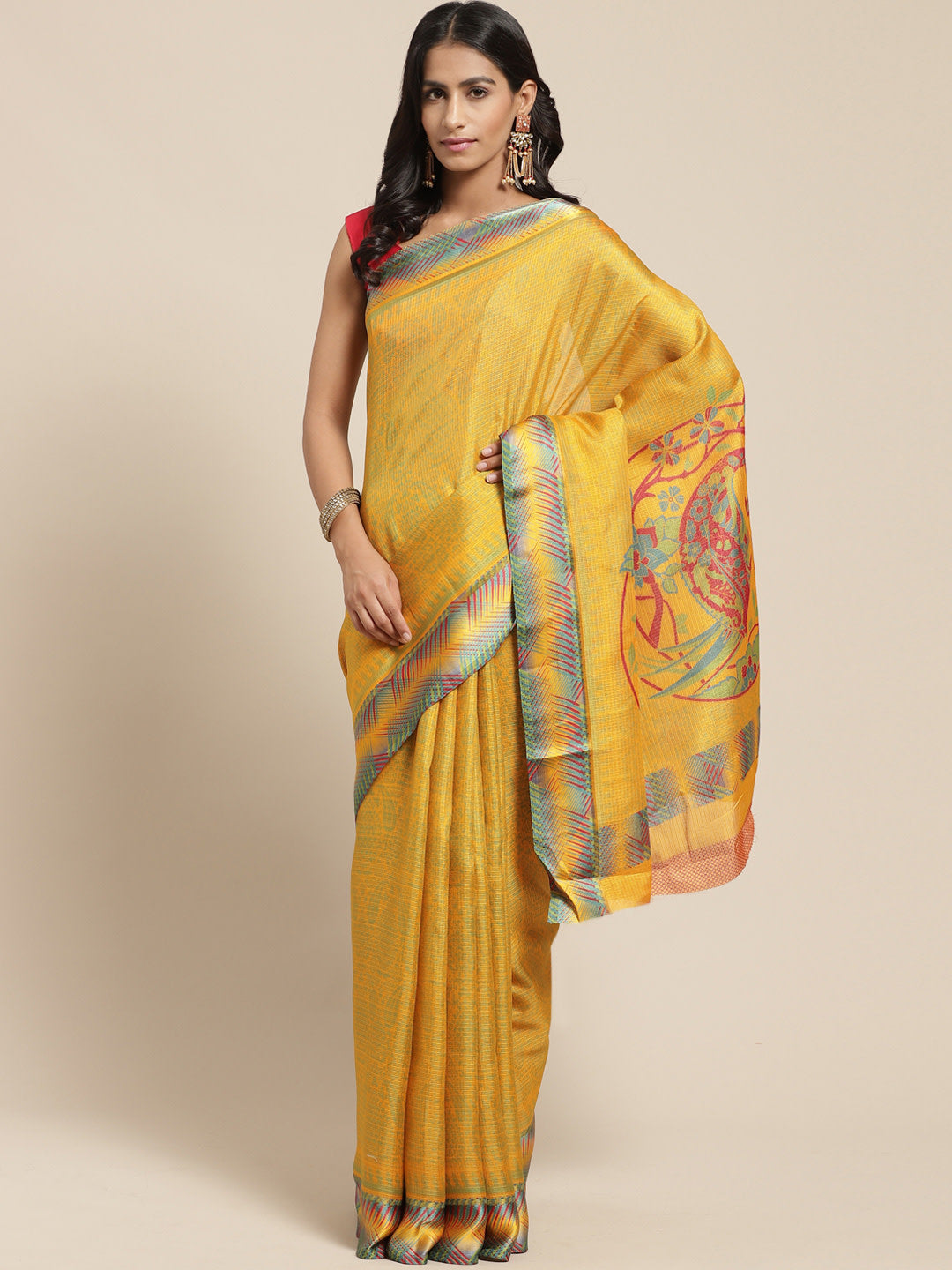 Women's Yellow Cotton Blend Printed Saree - Ahika