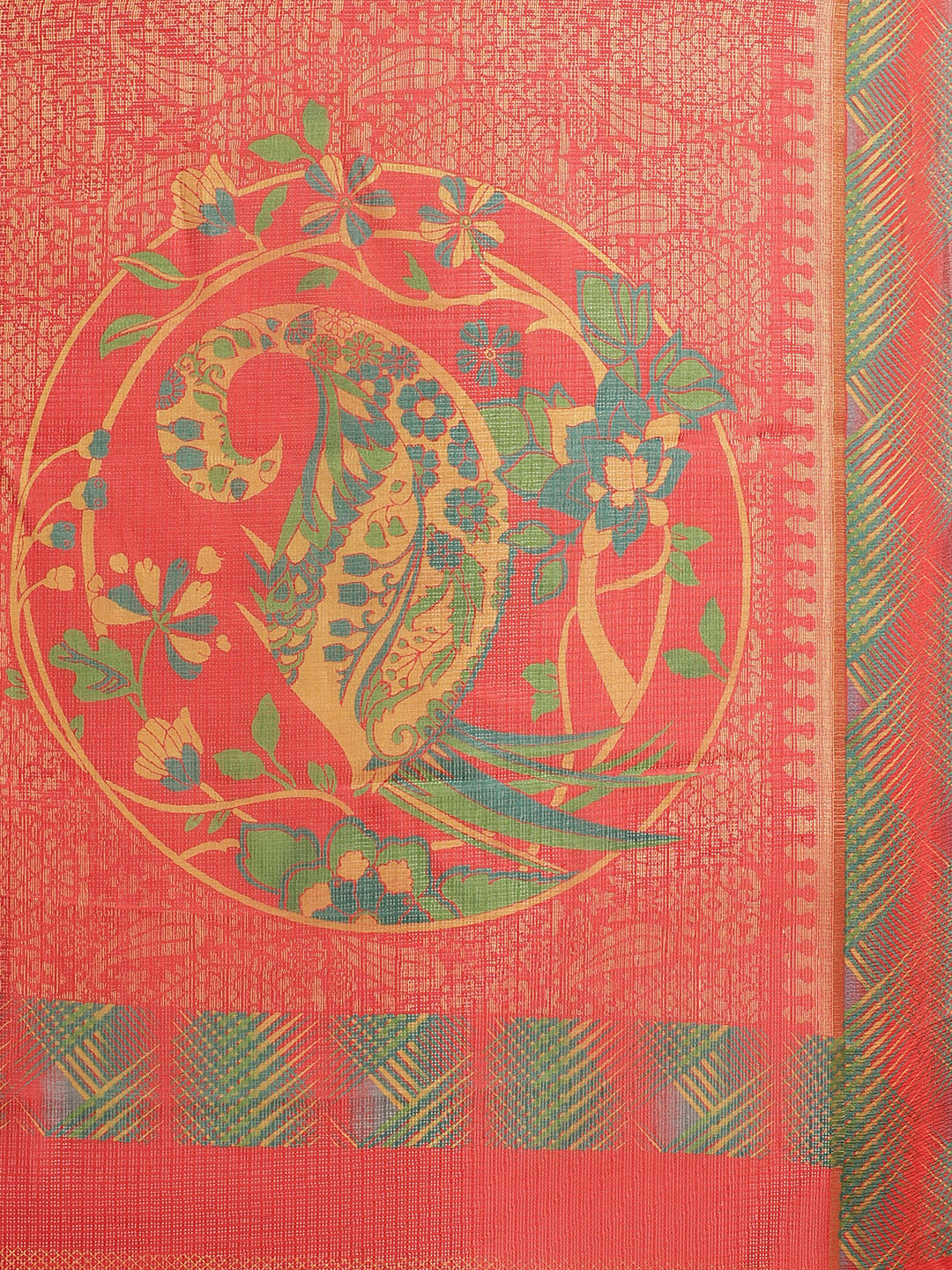 Women's Red Cotton Blend Printed Saree - Ahika
