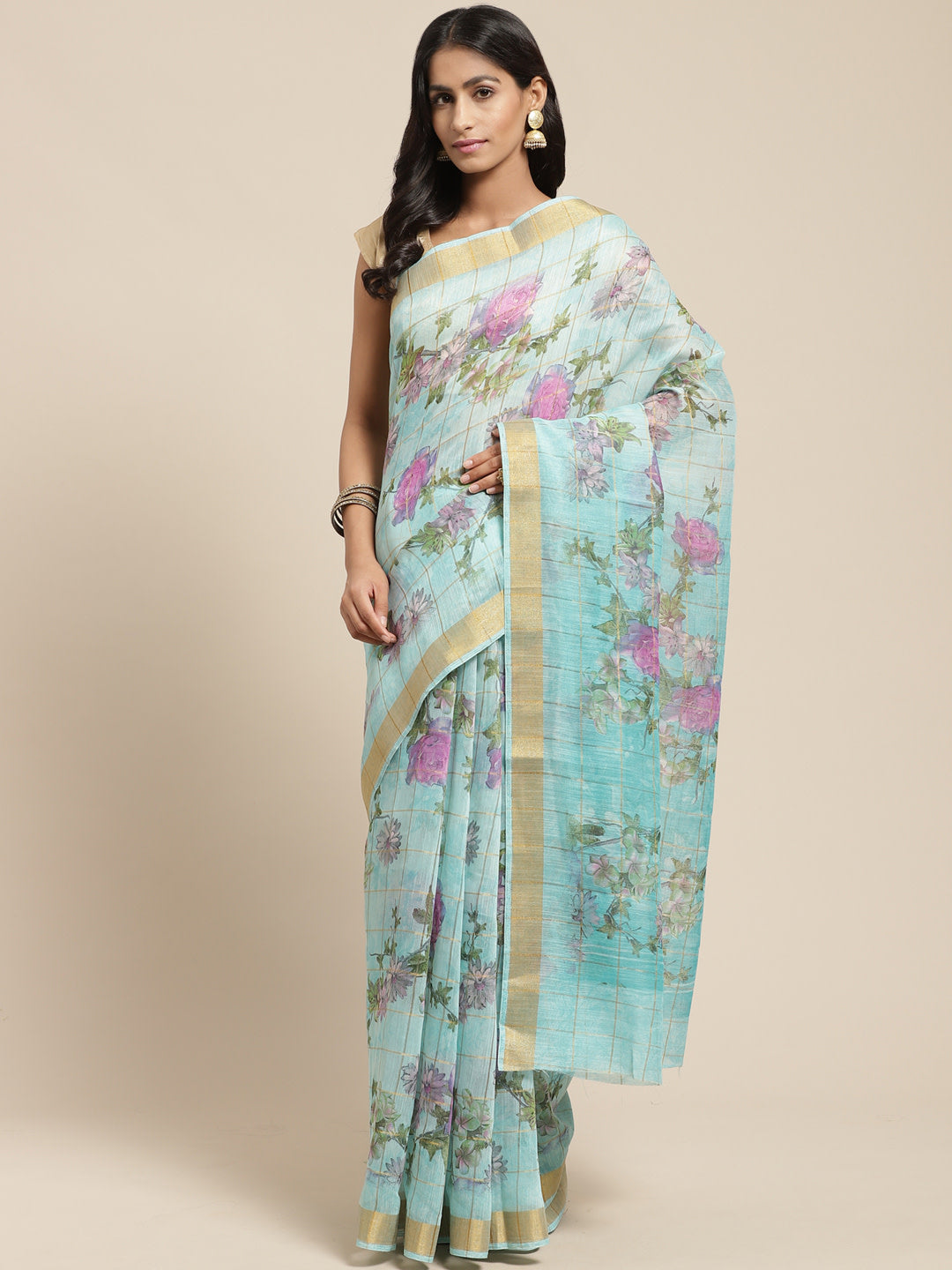 Women's Blue Cotton Blend Printed Saree - Ahika