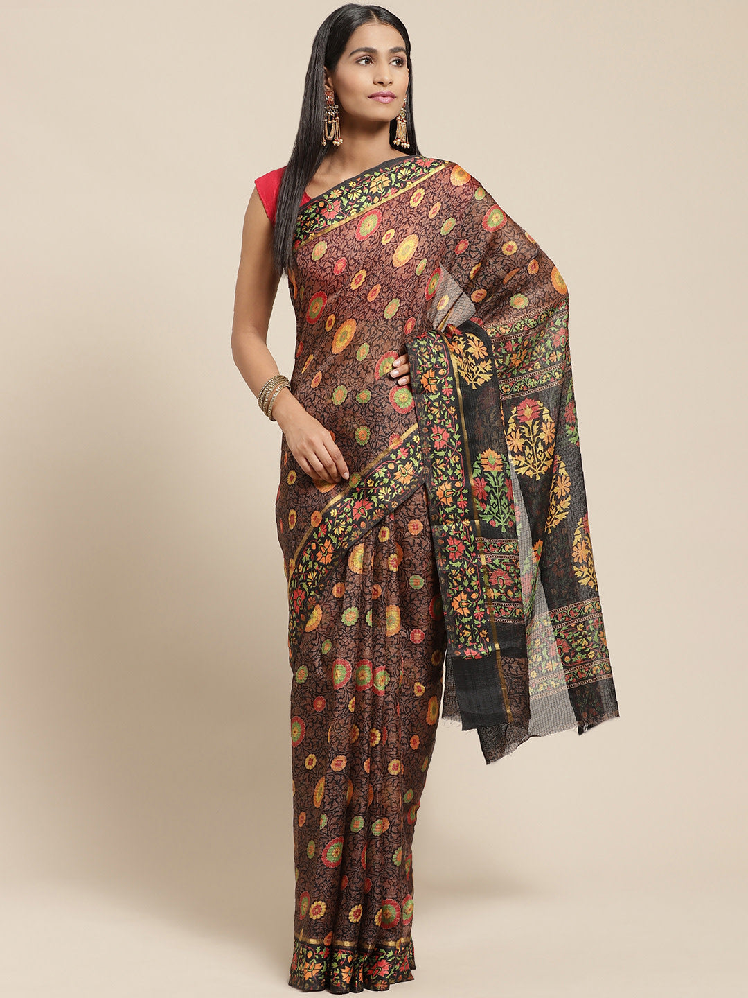 Women's Black Cotton Blend Printed Saree - Ahika