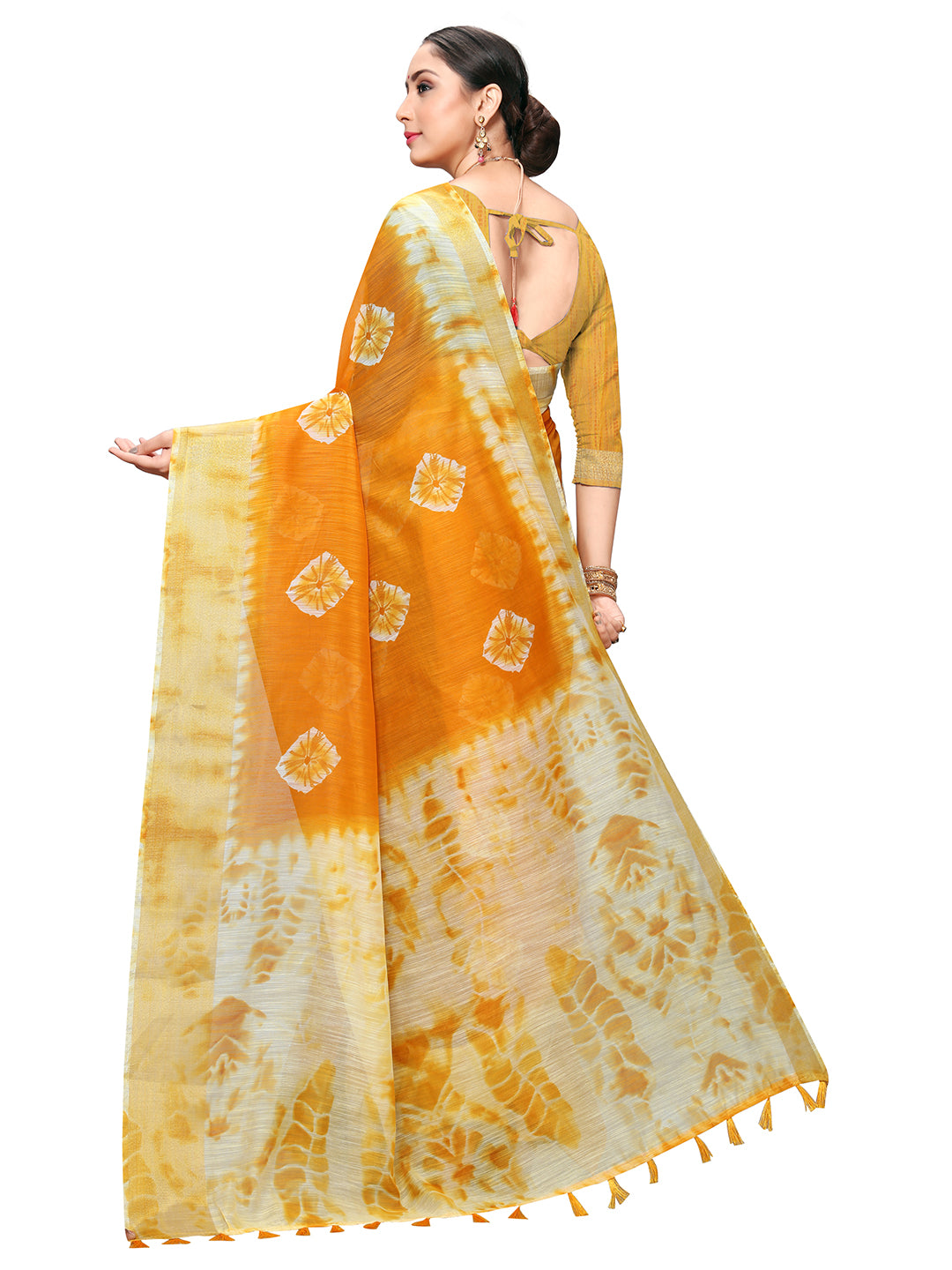 Women's Mustard Cotton Blend Dyed Saree - Ahika