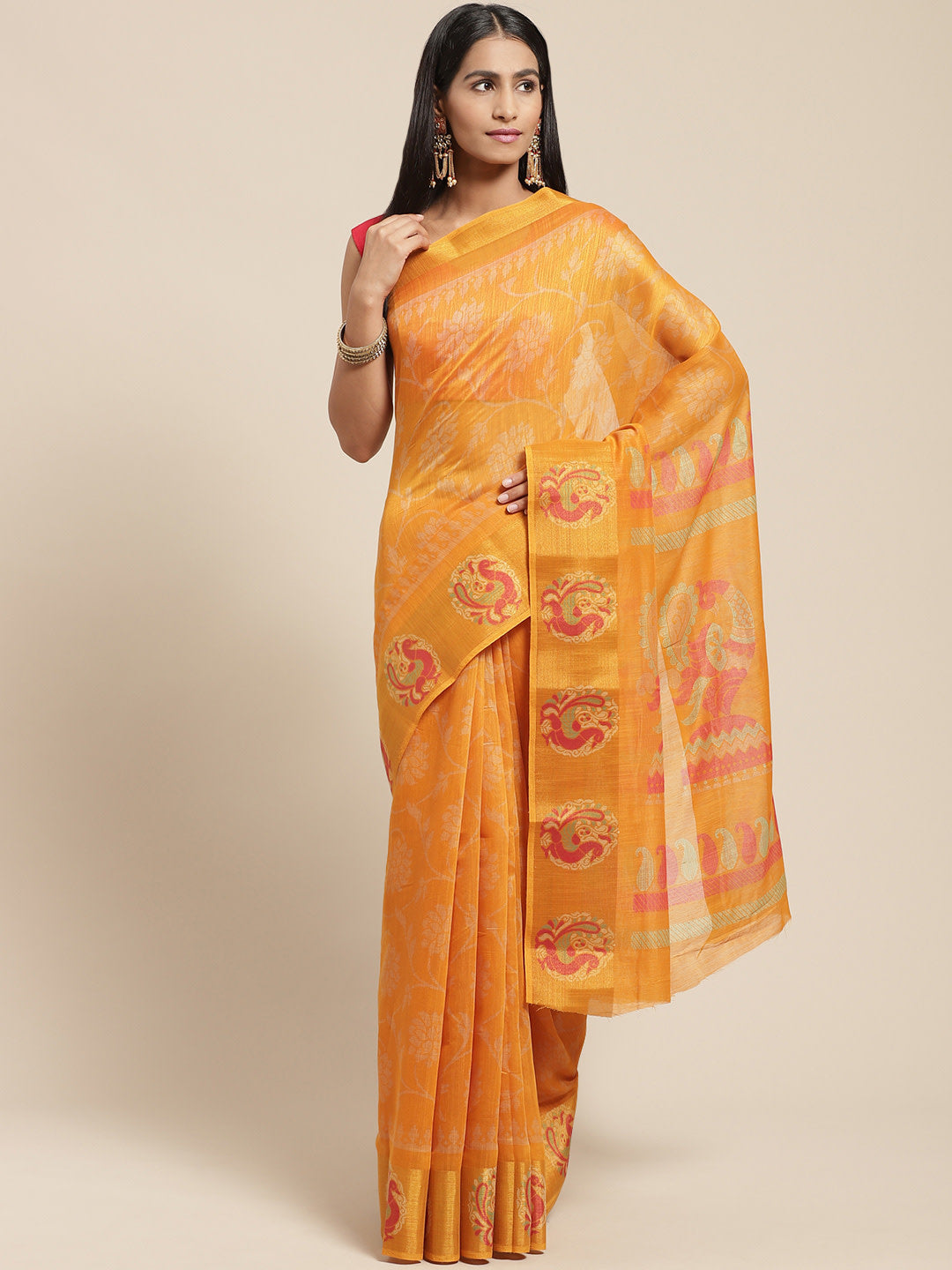 Women's Mustard Cotton Blend Printed Saree - Ahika