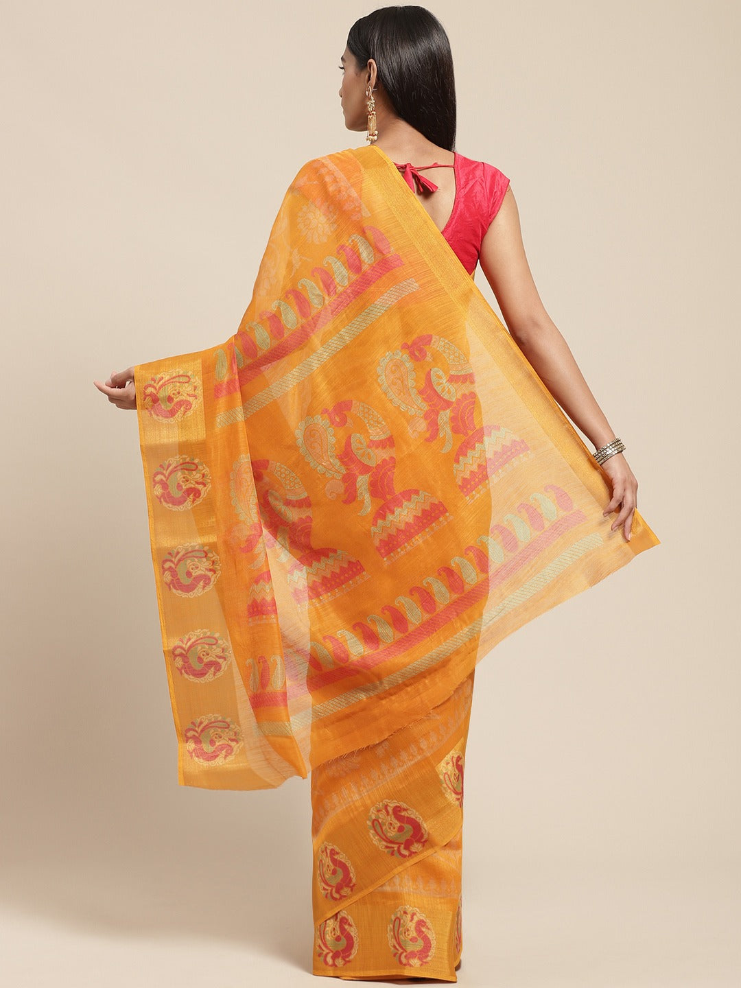 Women's Mustard Cotton Blend Printed Saree - Ahika