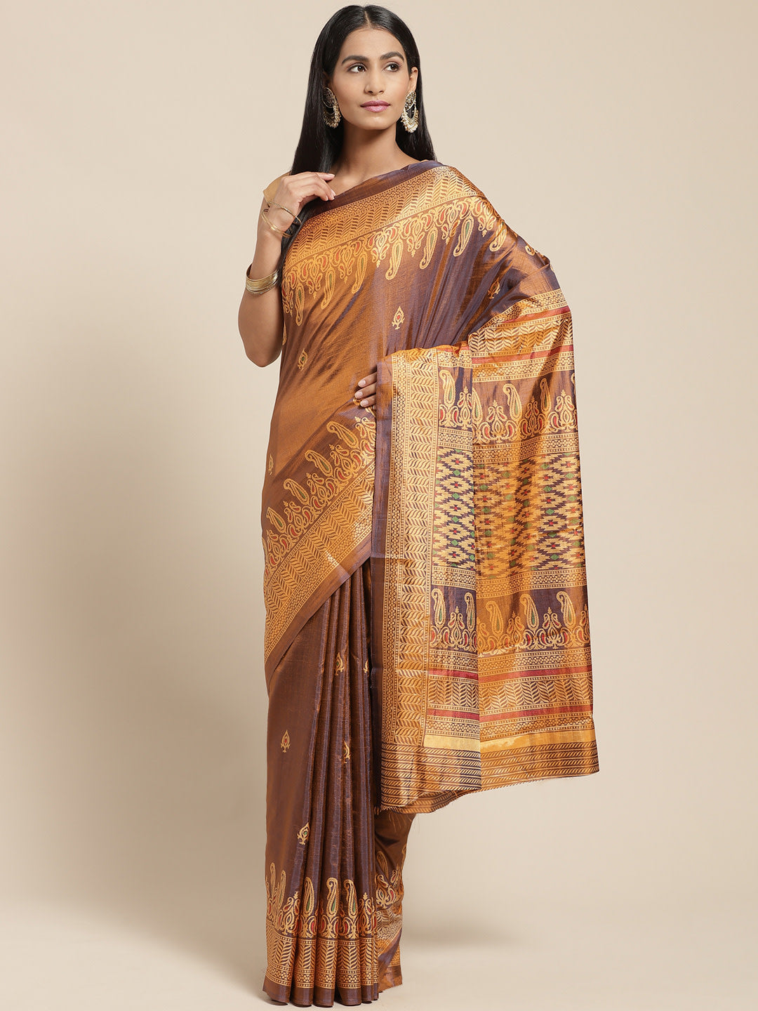 Women's Brown Silk Blend Printed Saree - Ahika