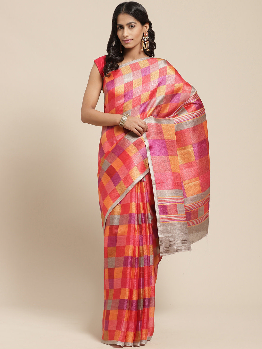Women's Multicolor Art Silk Checkered Saree - Ahika