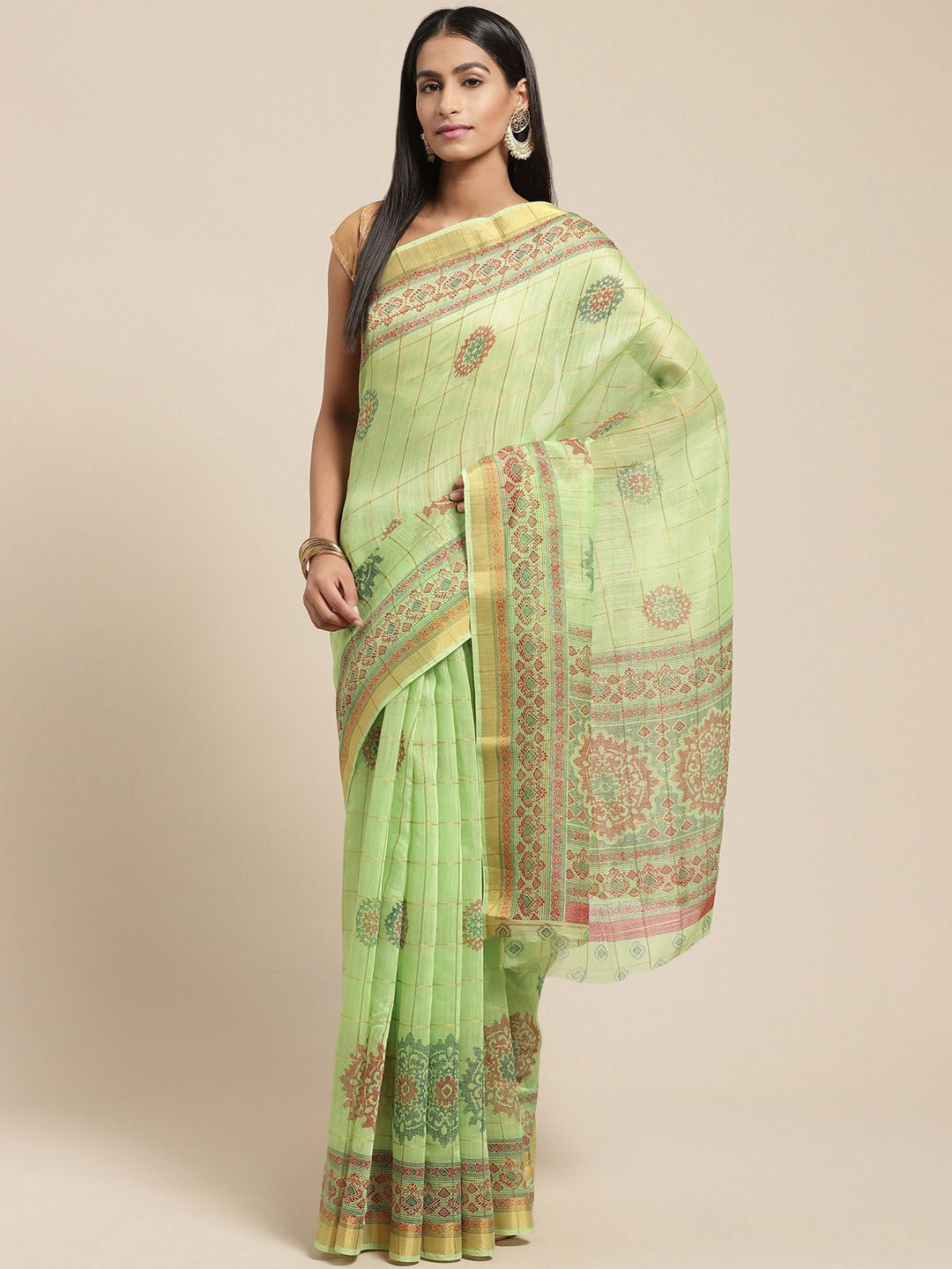 Women's Green Cotton Blend Printed Saree - Ahika