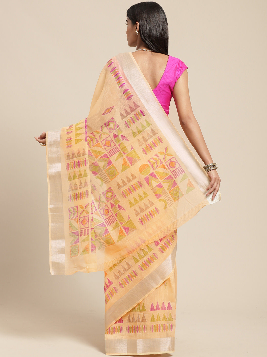 Women's Orange Cotton Blend Printed Saree - Ahika