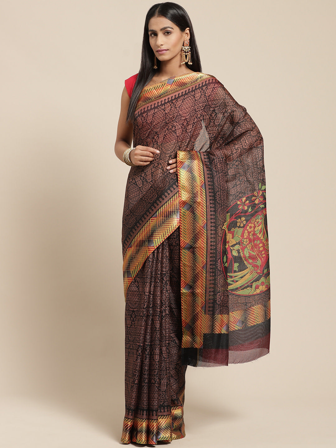 Women's Black Cotton Blend Printed Saree - Ahika
