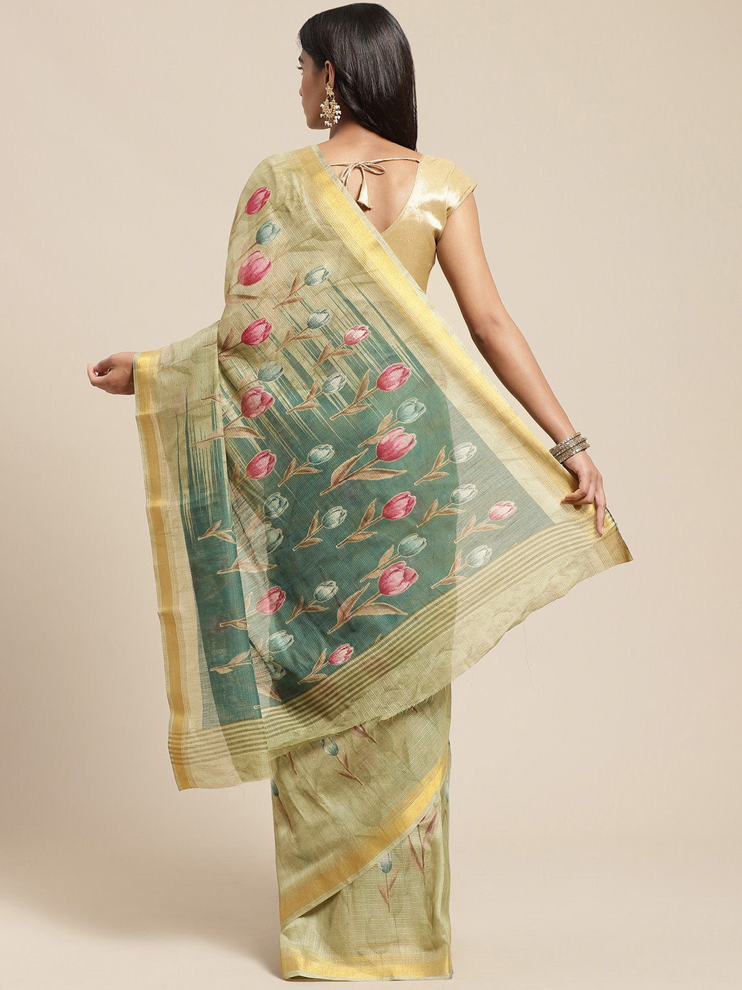 Women's Cream Cotton Blend Printed Saree - Ahika