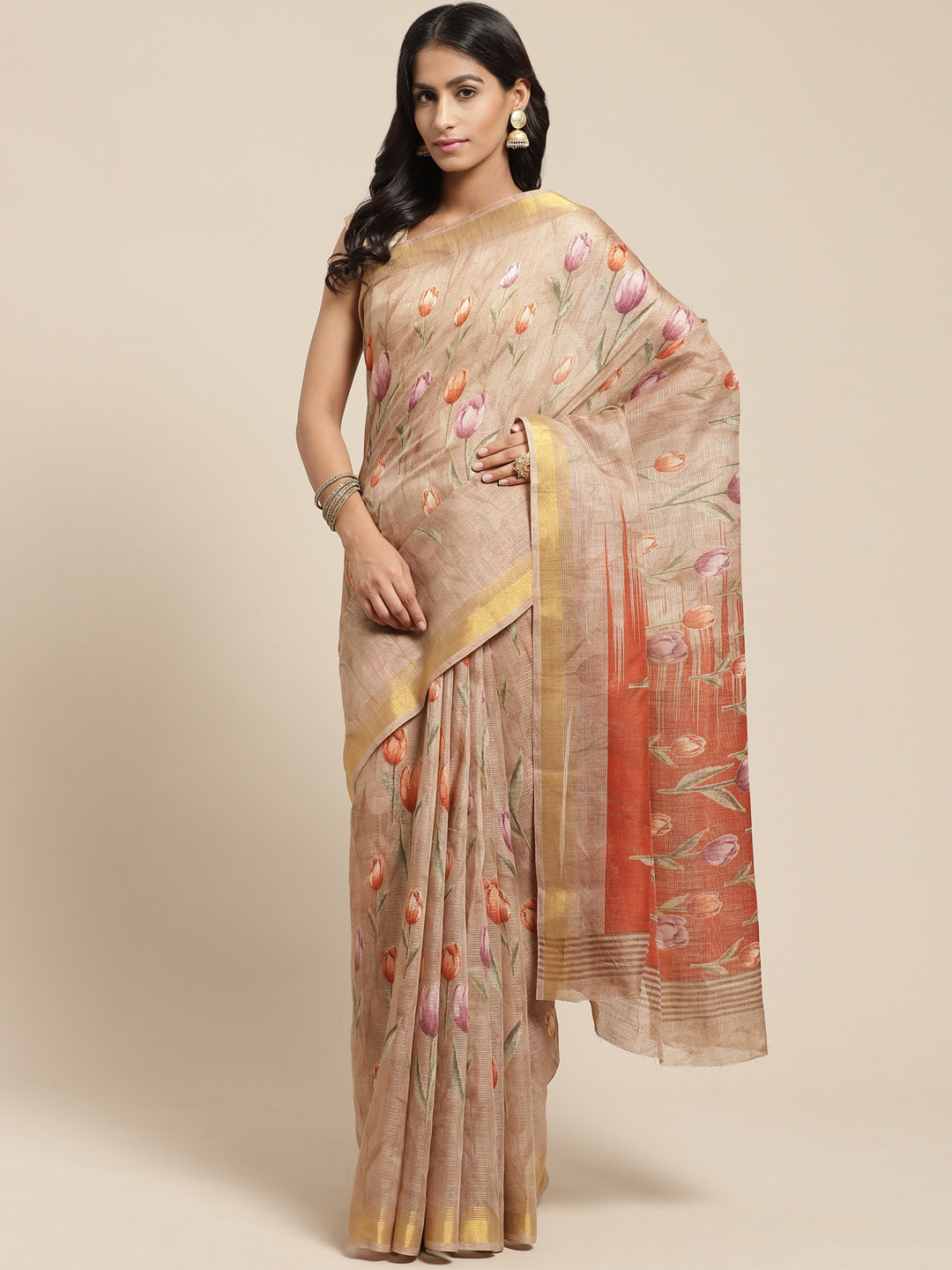 Women's Beige Cotton Blend Printed Saree - Ahika