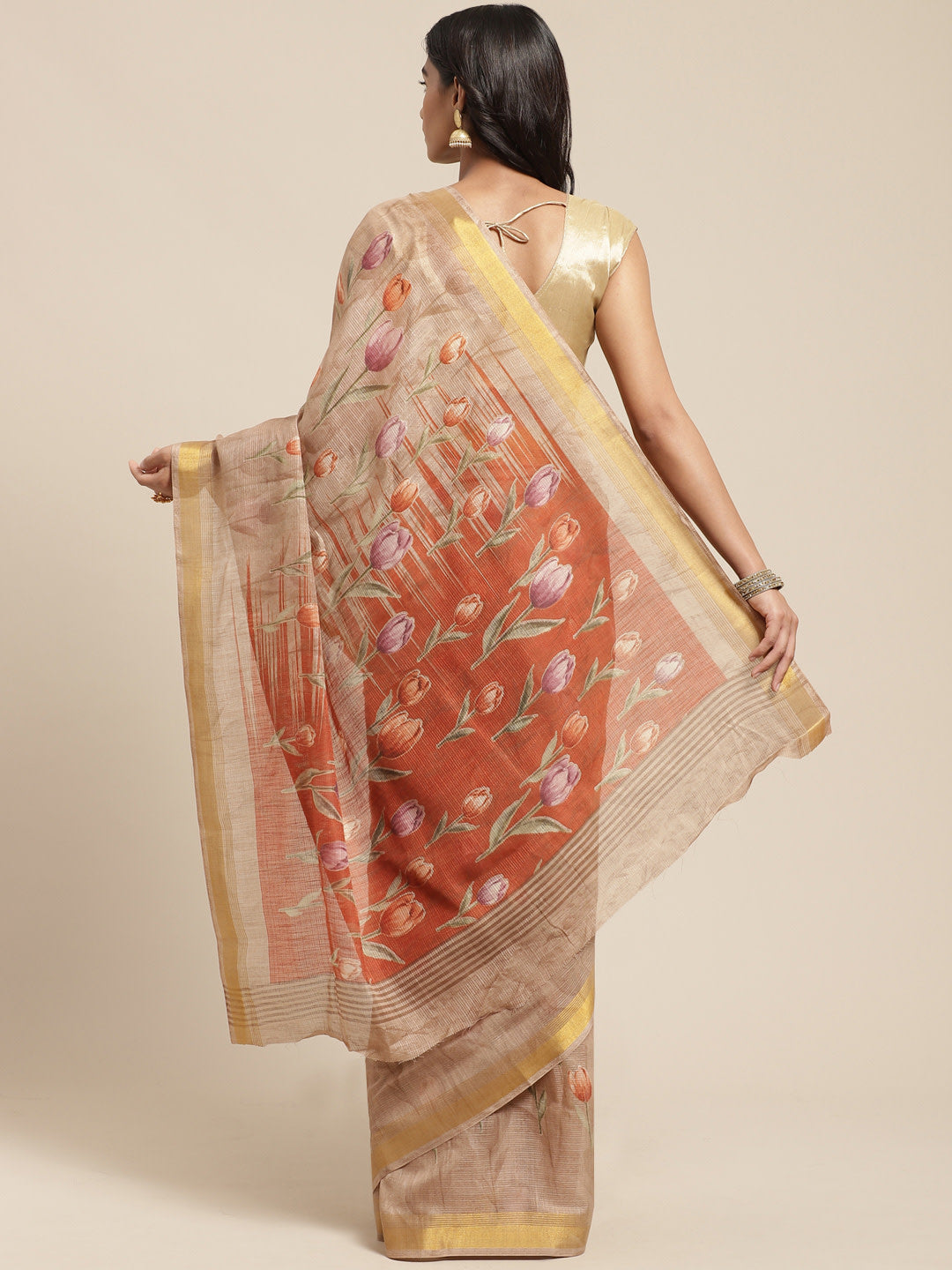 Women's Beige Cotton Blend Printed Saree - Ahika