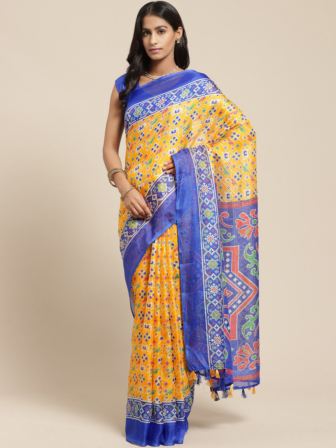 Women's Yellow Cotton Blend Printed Saree - Ahika