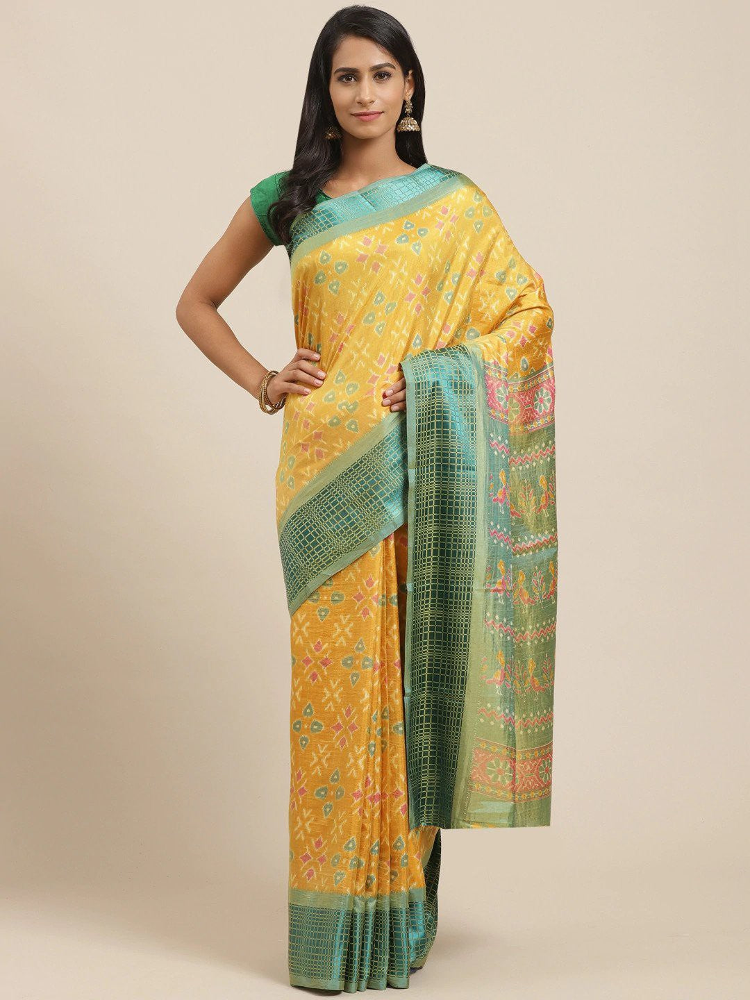 Women's Yellow Cotton Silk Printed Saree - Ahika