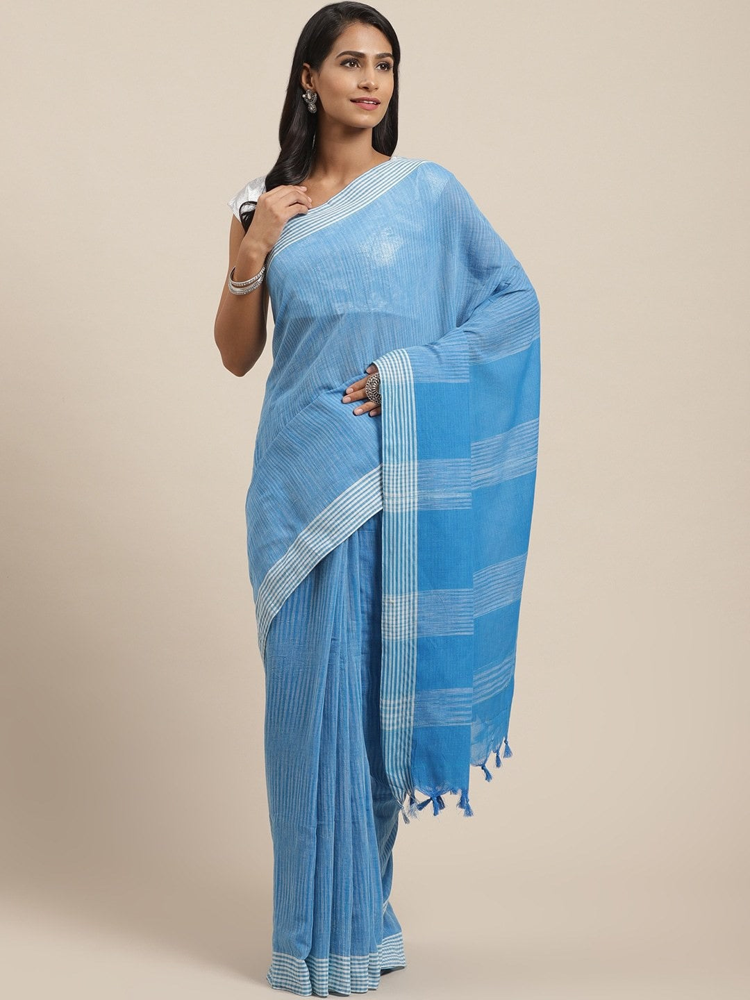 Women's Blue Cotton Silk Printed Saree - Ahika