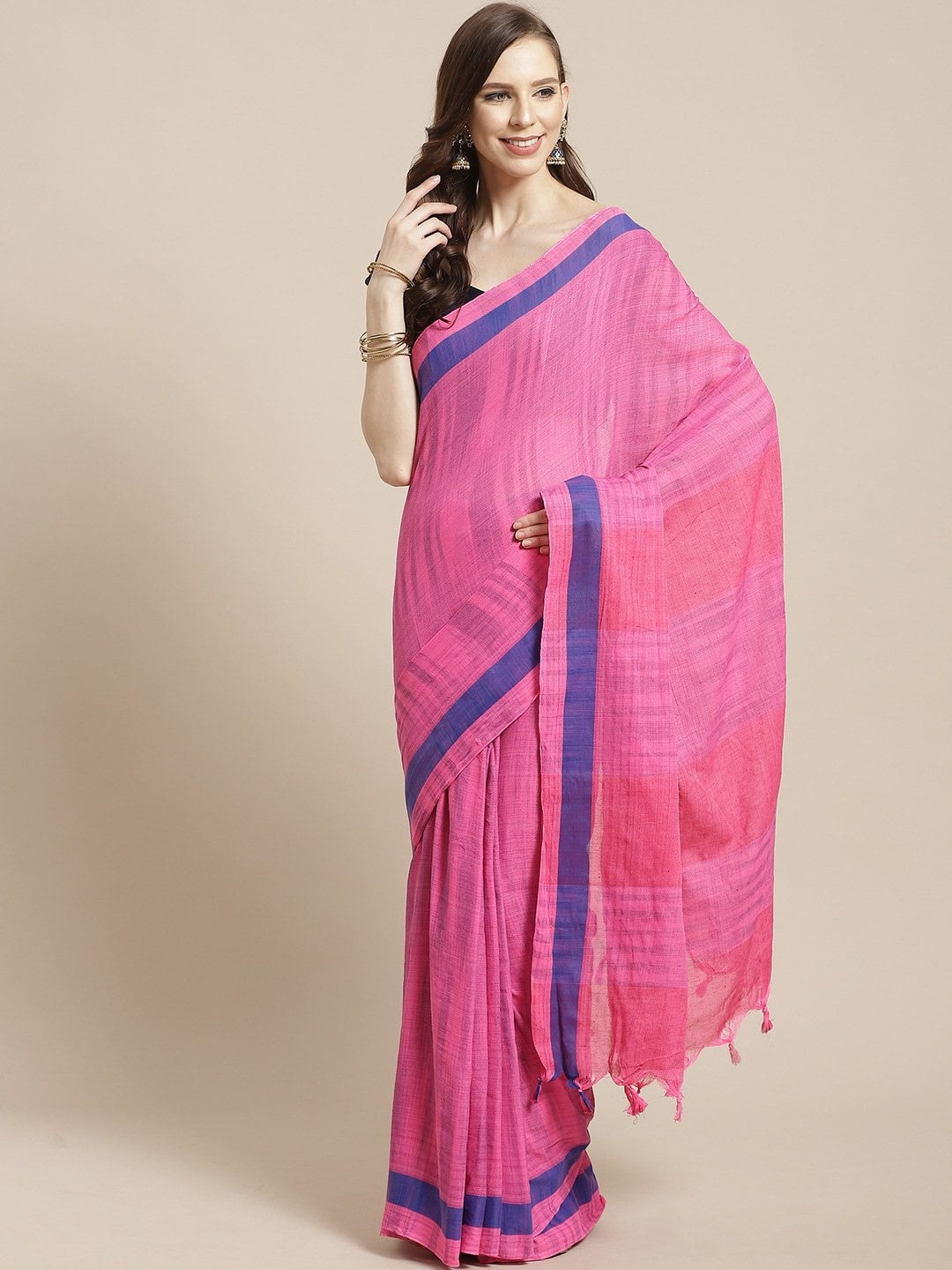 Women's Pink Pure Cotton Striped Saree - Ahika