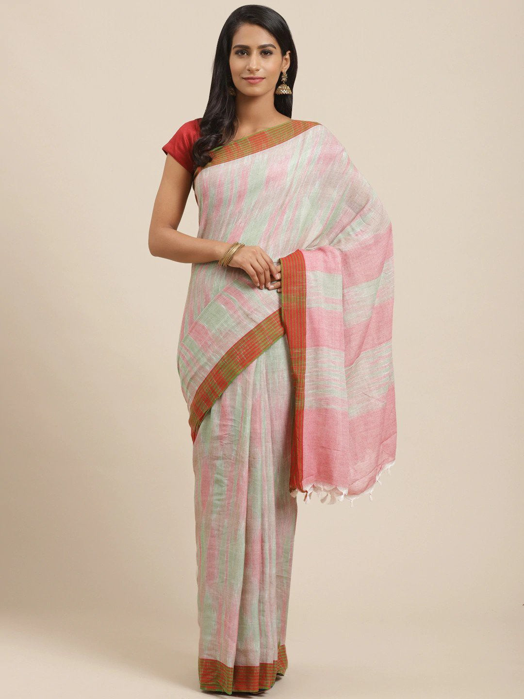 Women's White Pure Cotton Striped Saree - Ahika