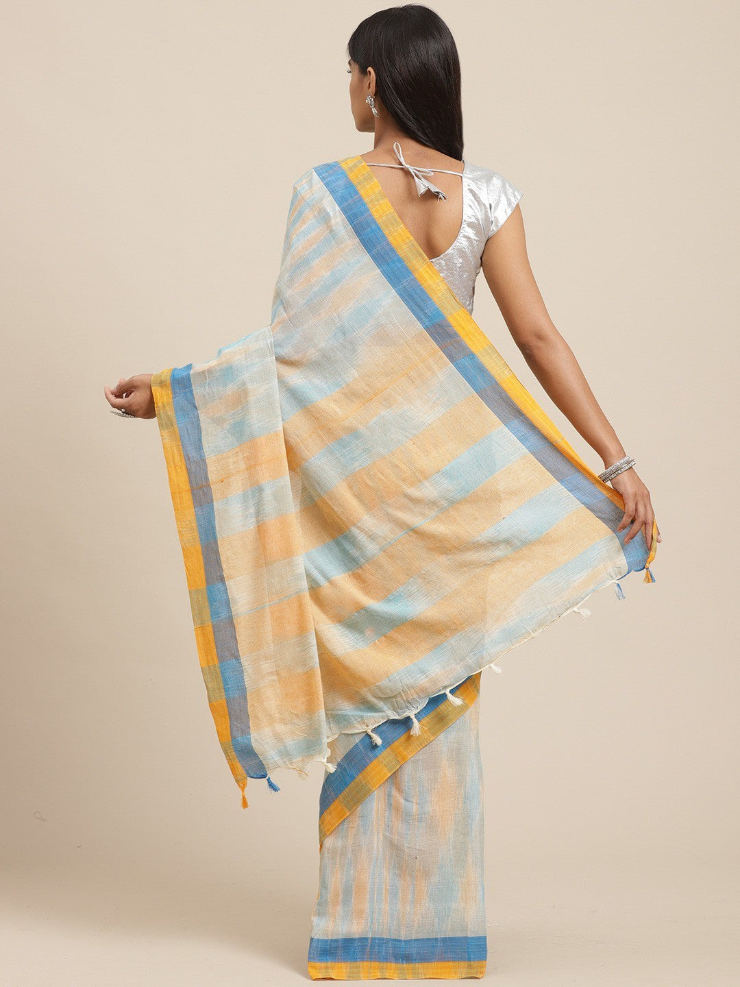 Women's Green Pure Cotton Striped Saree - Ahika