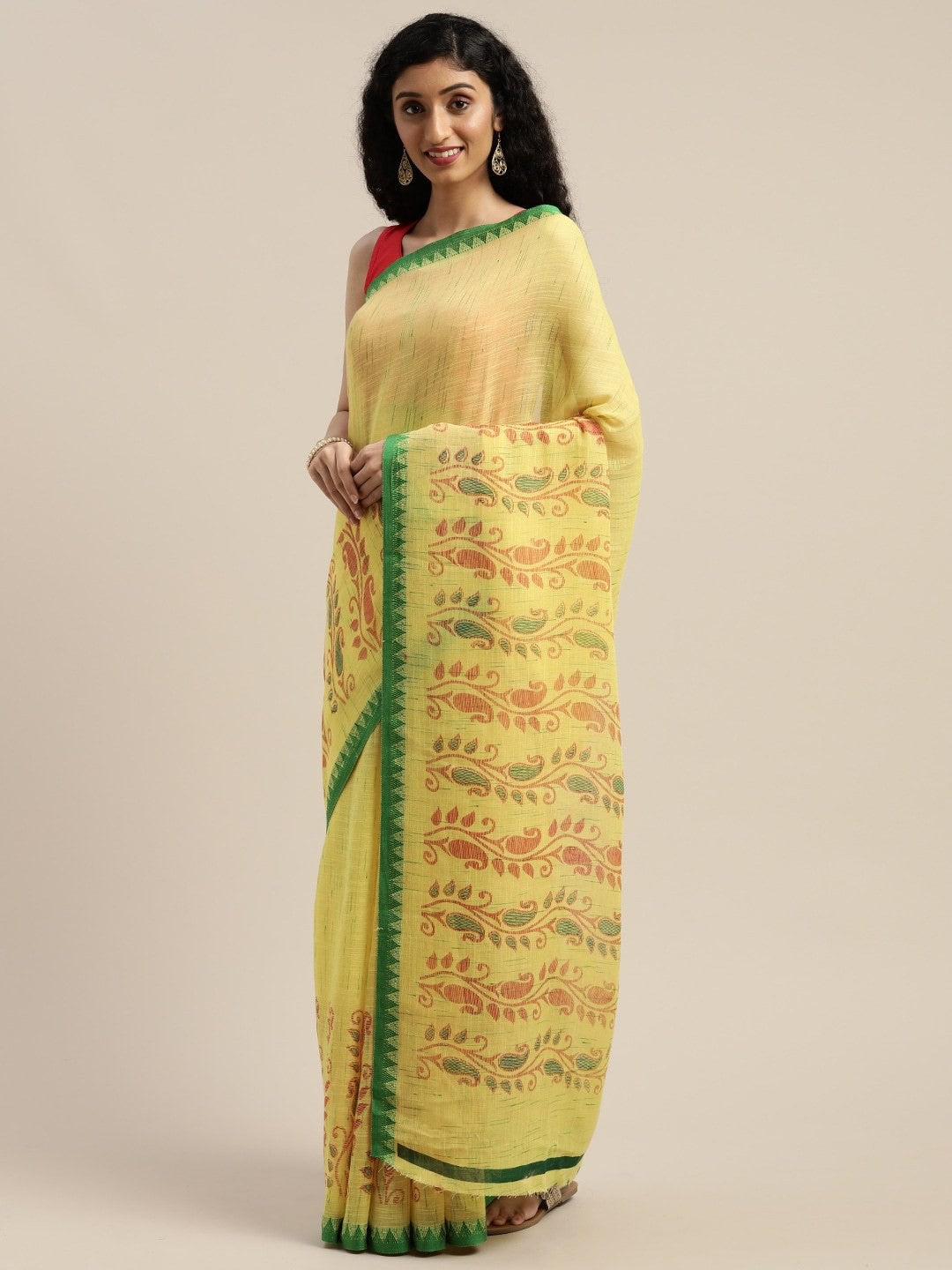 Women's Yellow Art Silk Printed Saree - Ahika