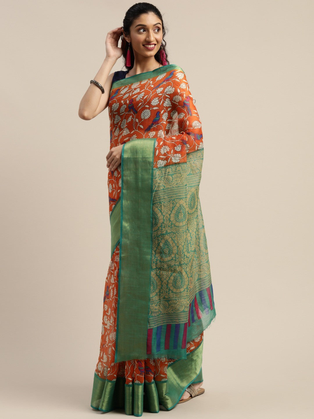 Women's Orange Art Silk Printed Saree - Ahika