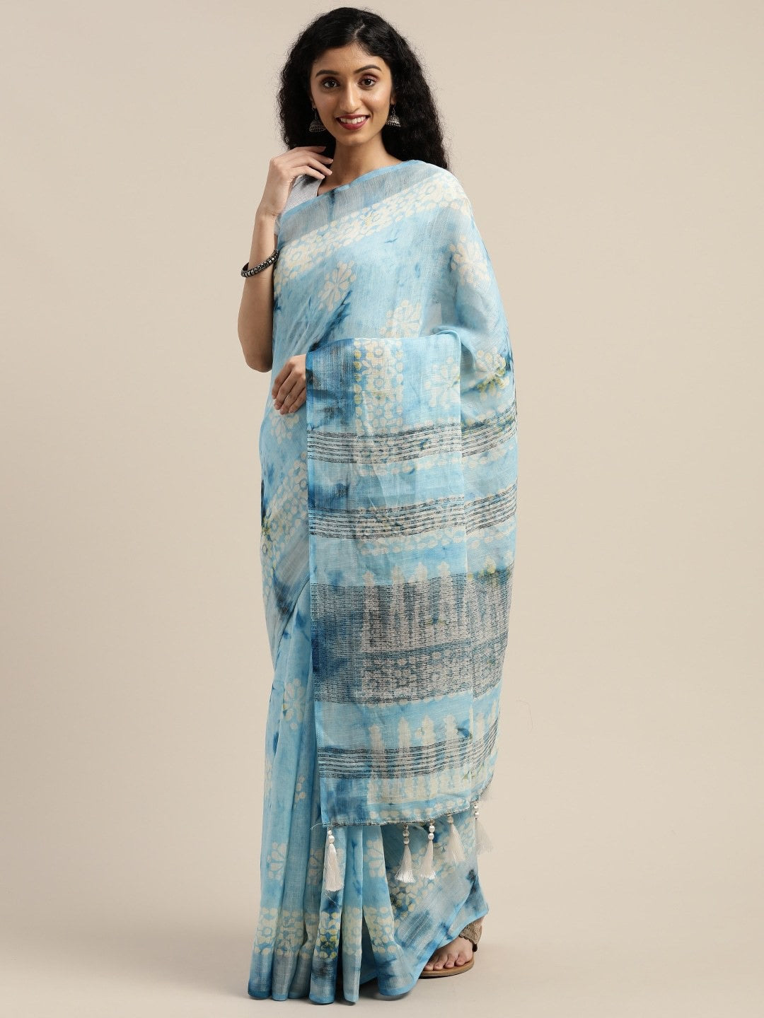 Women's Light Blue Art Silk Printed Saree - Ahika