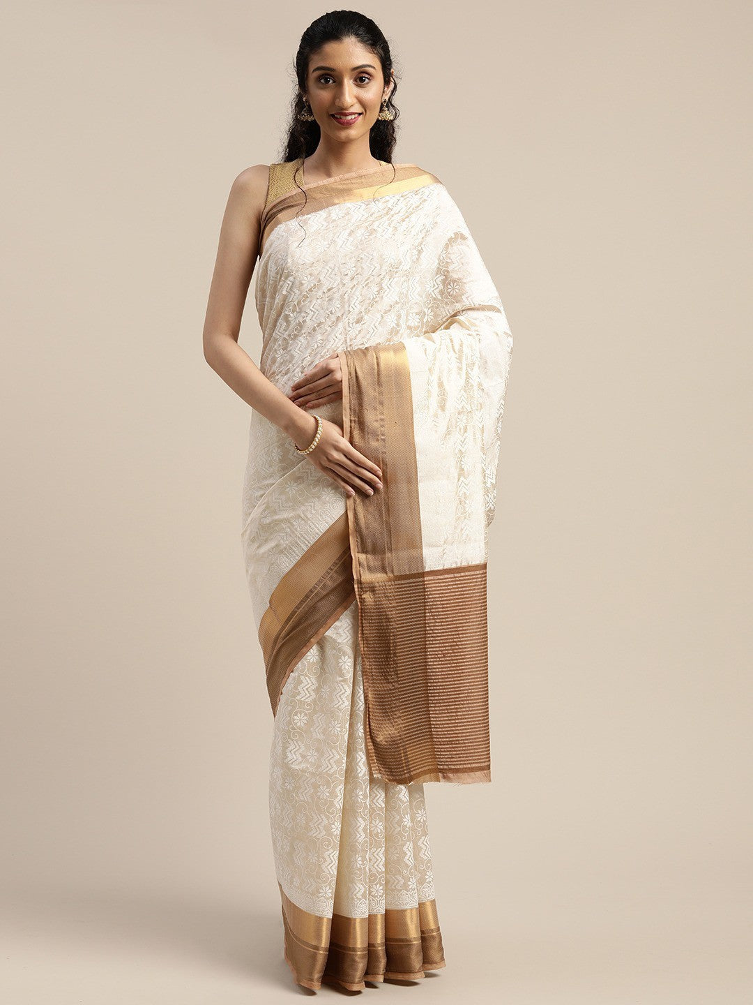 Women's White Art Silk Printed Saree - Ahika