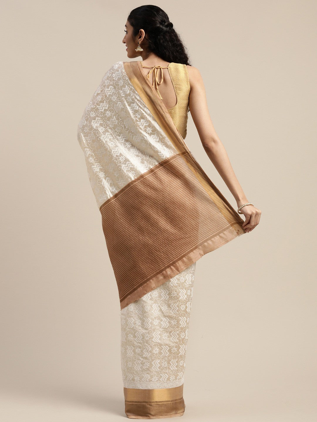 Women's White Art Silk Printed Saree - Ahika