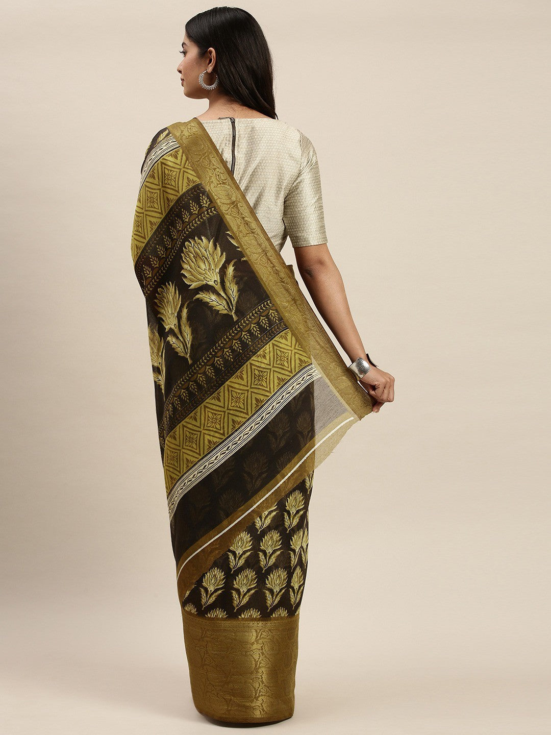 Women's Black Art Silk Printed Saree - Ahika