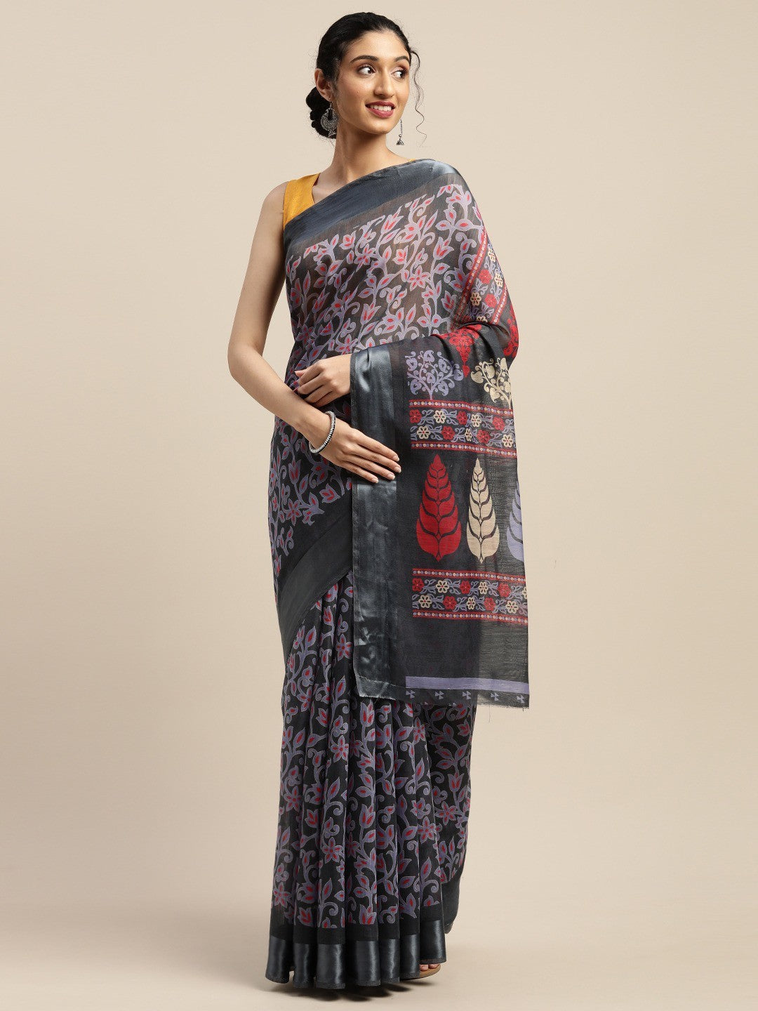 Women's Grey Art Silk Printed Saree - Ahika