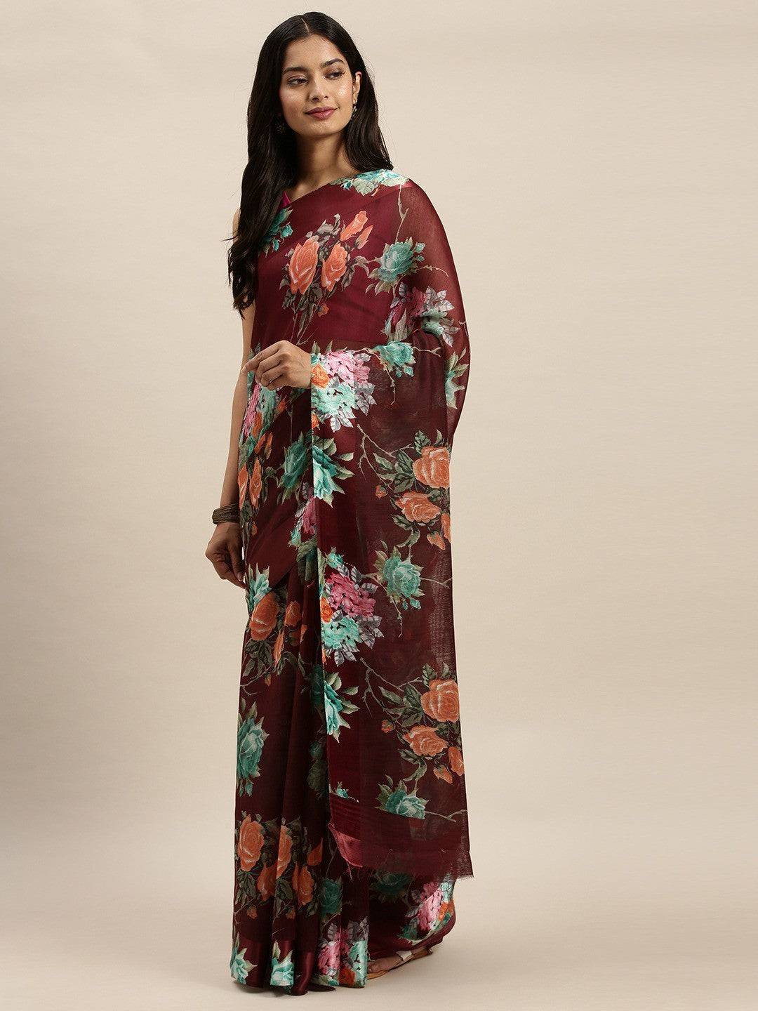 Women's Maroon Art Silk Printed Saree - Ahika