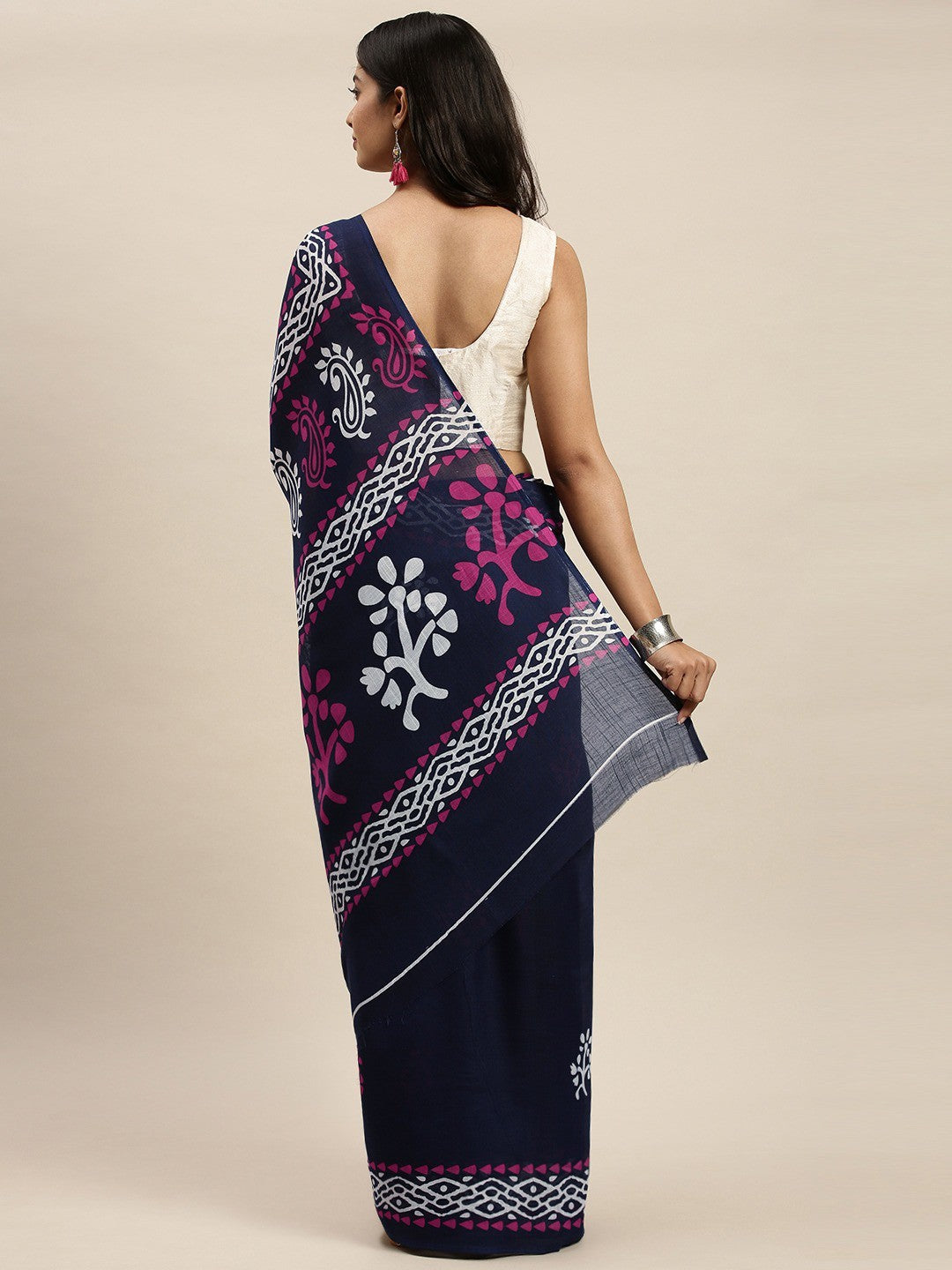 Women's Dark Blue Art Silk Printed Saree - Ahika