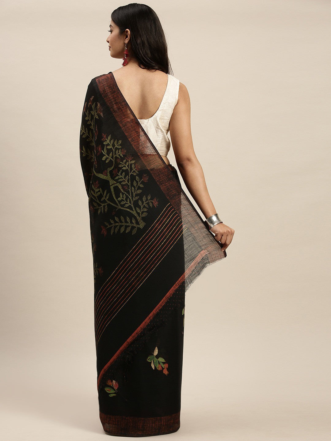 Women's Black Art Silk Printed Saree - Ahika