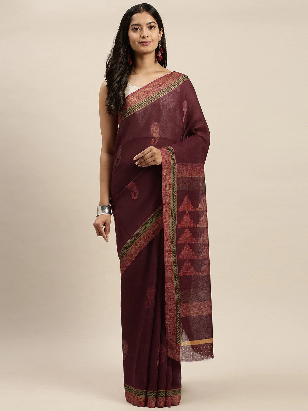 Women's Maroon Art Silk Printed Saree - Ahika