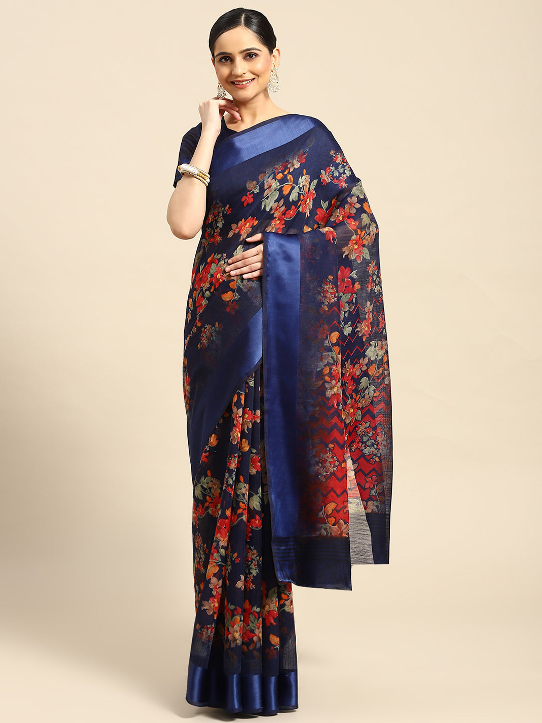 Women's Dark Blue Cotton Blend Printed Saree - Ahika