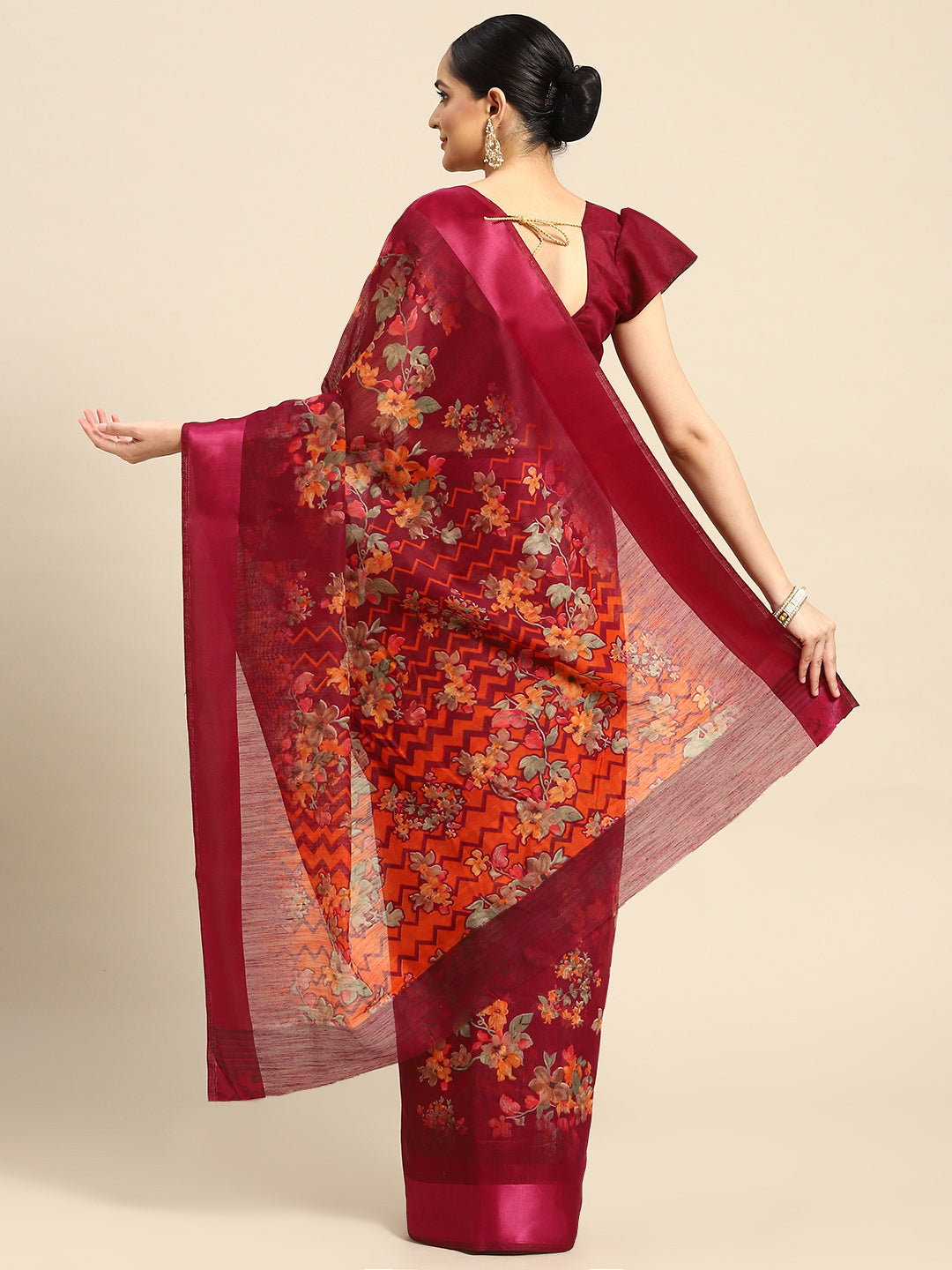 Women's Maroon Cotton Blend Printed Saree - Ahika