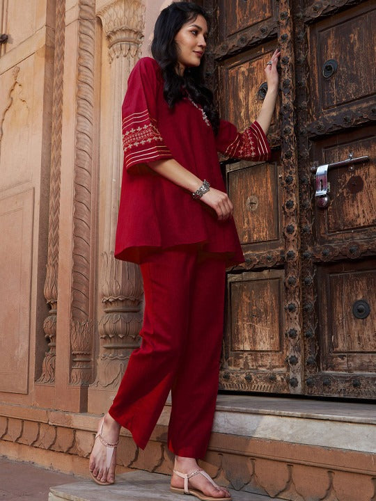 Women's Red Viscose Rayon Solid With Sleeve Embroidery  Co-Ord Set