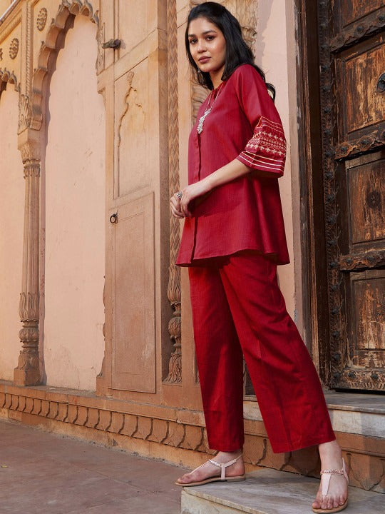 Women's Red Viscose Rayon Solid With Sleeve Embroidery  Co-Ord Set
