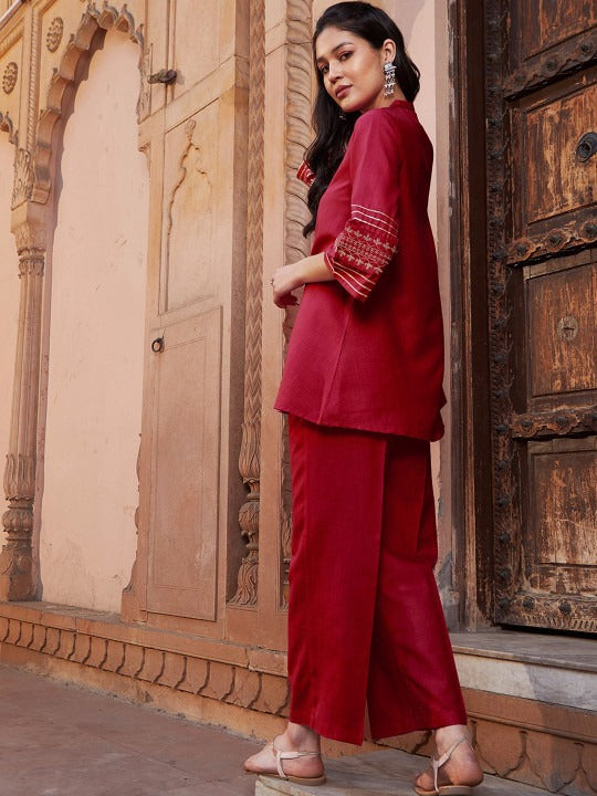 Women's Red Viscose Rayon Solid With Sleeve Embroidery  Co-Ord Set